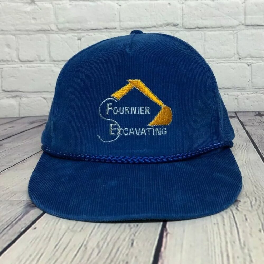 Vintage Fournier Excavating Trucker Hat Corduroy Rope Cap Snapback Embroidered